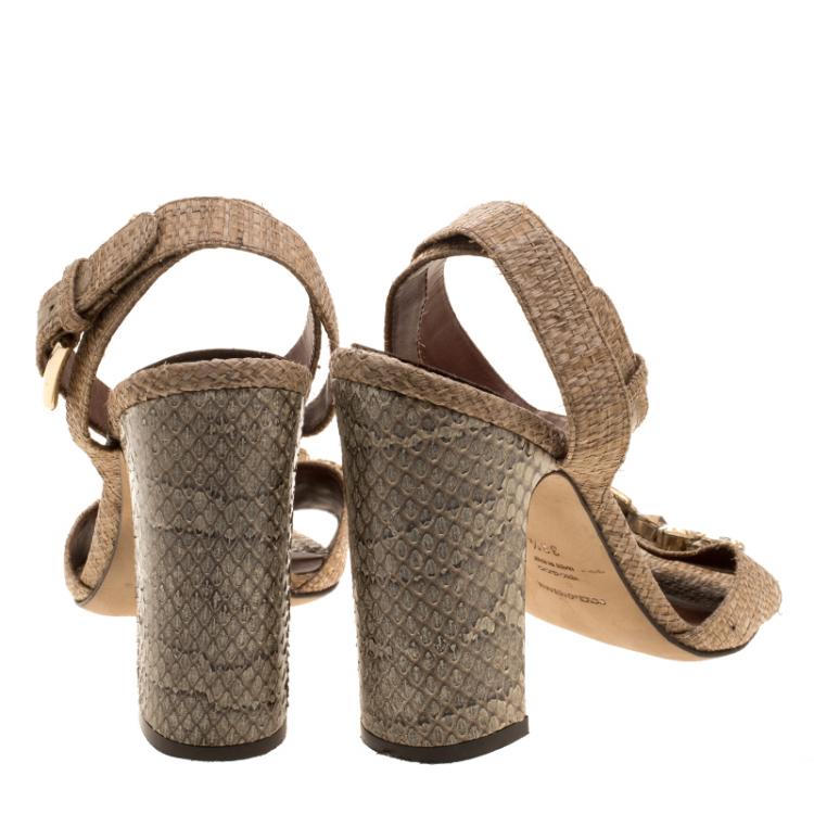 Pre Owned Dolce and Gabbana Light Brown/Beige Raffia and Snakeskin Jeweled Sandals Size 38.5