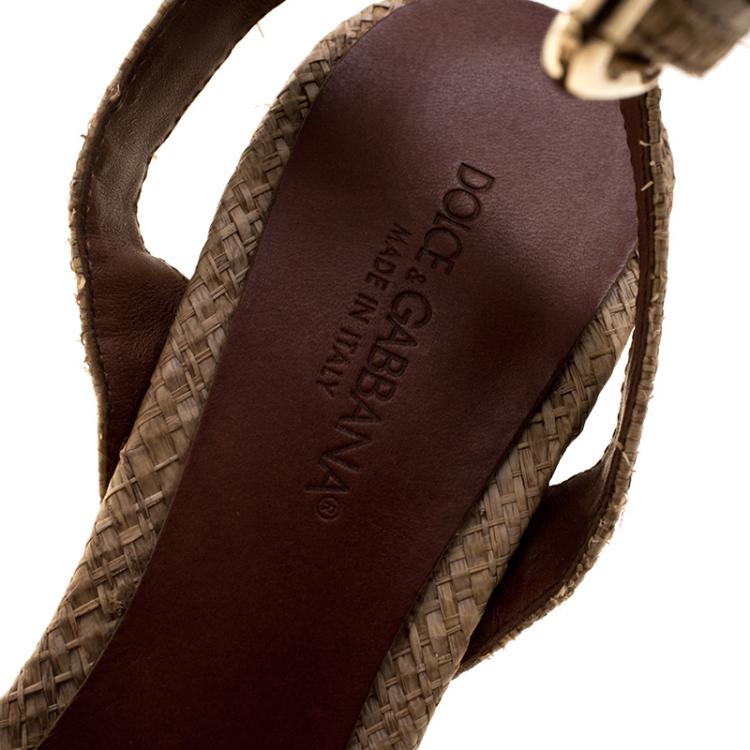 Pre Owned Dolce and Gabbana Light Brown/Beige Raffia and Snakeskin Jeweled Sandals Size 38.5