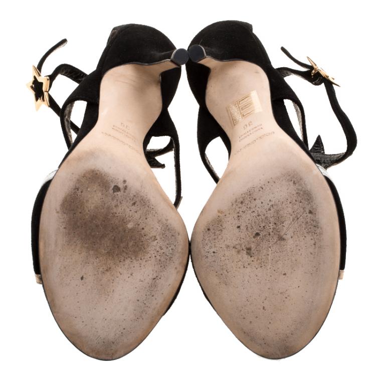 Pre Owned Dolce and Gabbana Black Suede Star Straps Sandals Size 36