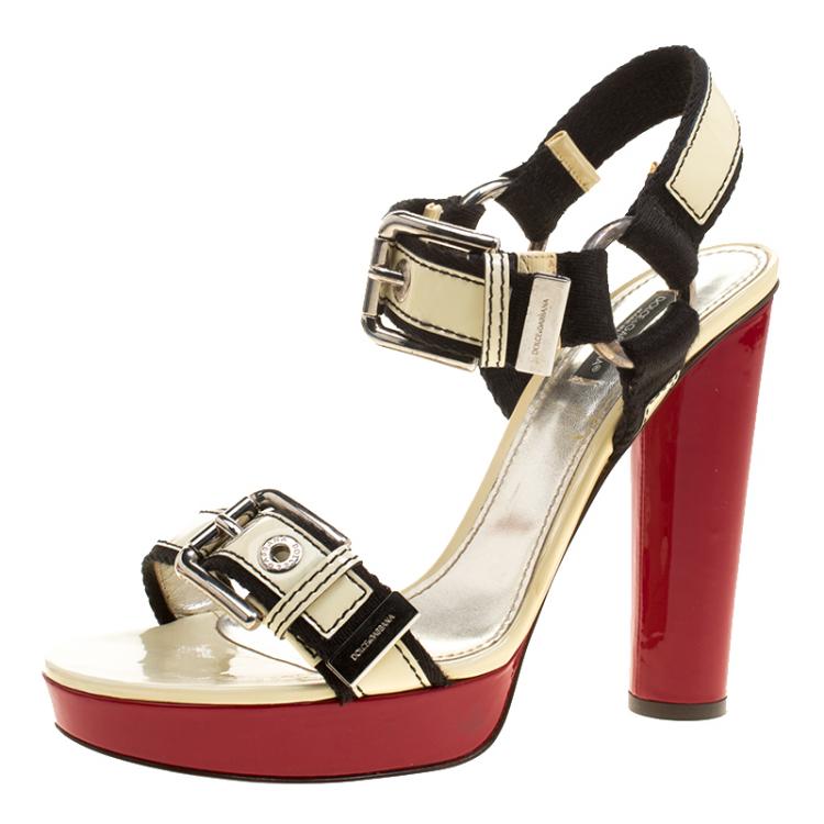 Pre Owned Dolce and Gabbana Cream Patent Leather Platform Sandals Size 40.5