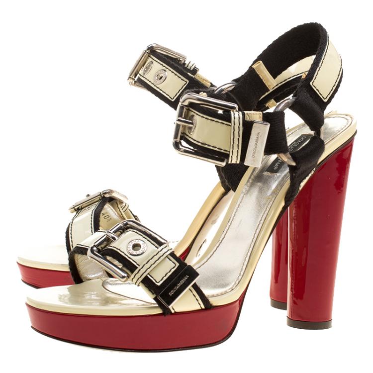 Pre Owned Dolce and Gabbana Cream Patent Leather Platform Sandals Size 40.5