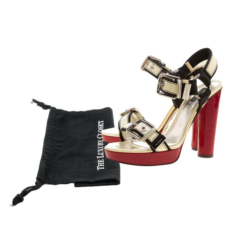Pre Owned Dolce and Gabbana Cream Patent Leather Platform Sandals Size 40.5
