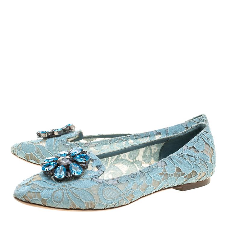 Pre Owned Dolce and Gabbana Light Blue Lace Crystal Taormina Ballet Flats Size 39