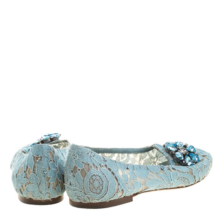 Pre Owned Dolce and Gabbana Light Blue Lace Crystal Taormina Ballet Flats Size 39