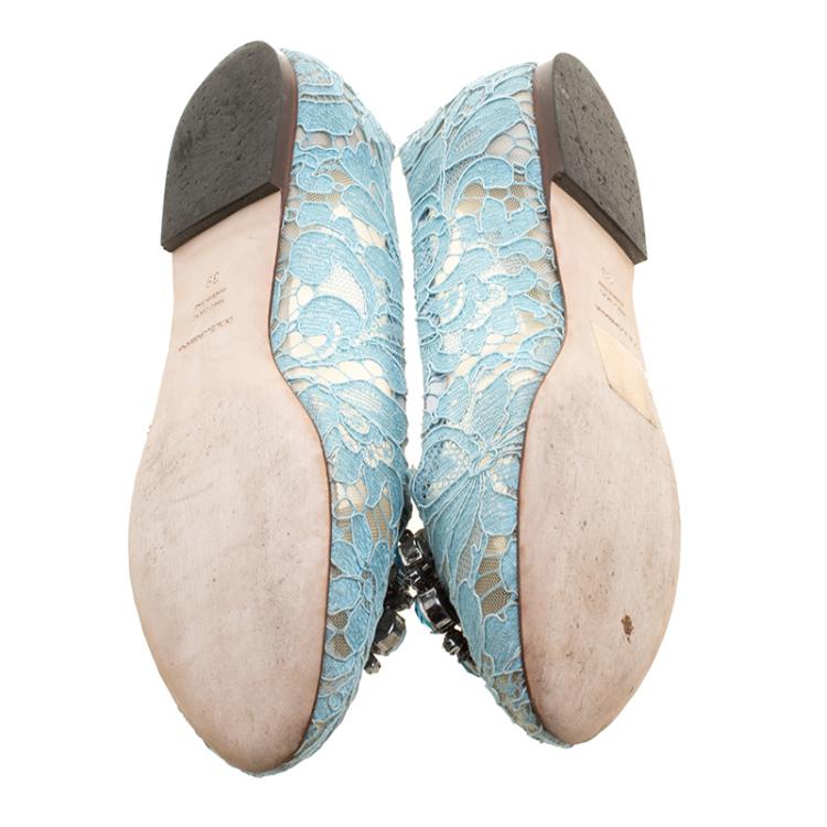 Pre Owned Dolce and Gabbana Light Blue Lace Crystal Taormina Ballet Flats Size 39