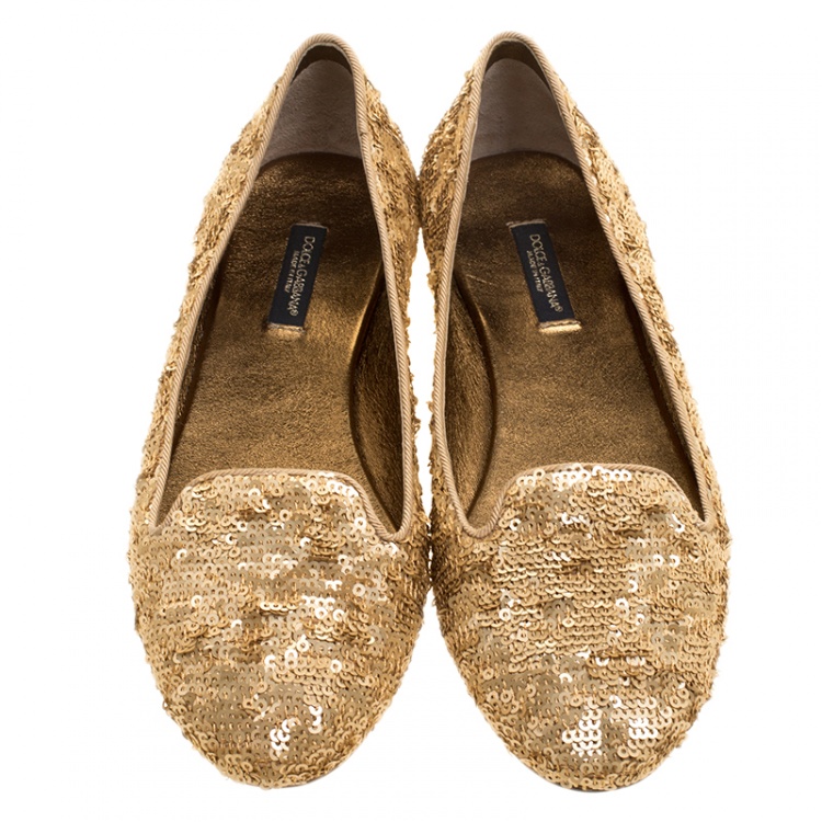 Pre Owned Dolce & Gabbana Gold Sequin Ballet Flats Size 36