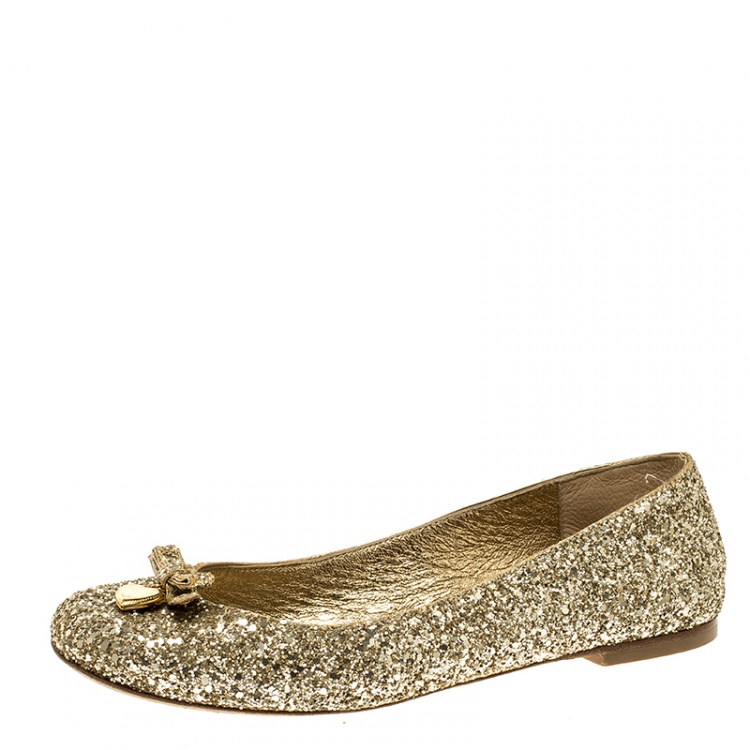 Pre Owned Dolce and Gabbana Gold Glitter Ballet Flats Size 38
