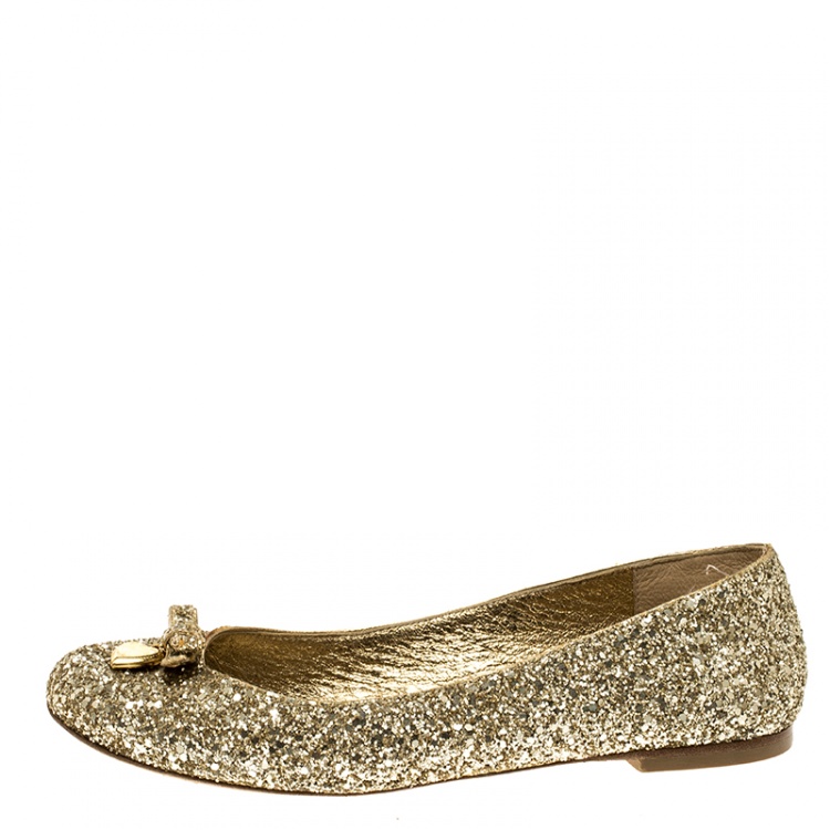 Pre Owned Dolce and Gabbana Gold Glitter Ballet Flats Size 38
