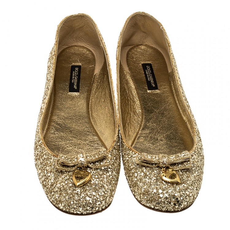 Pre Owned Dolce and Gabbana Gold Glitter Ballet Flats Size 38