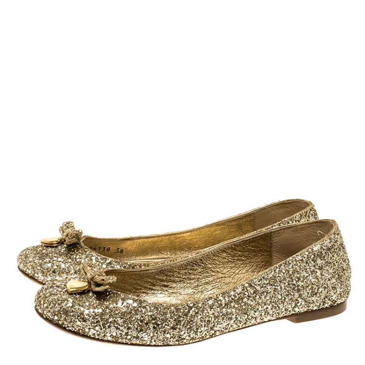 Pre Owned Dolce and Gabbana Gold Glitter Ballet Flats Size 38