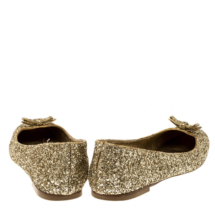 Pre Owned Dolce and Gabbana Gold Glitter Ballet Flats Size 38