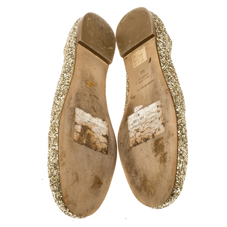 Pre Owned Dolce and Gabbana Gold Glitter Ballet Flats Size 38