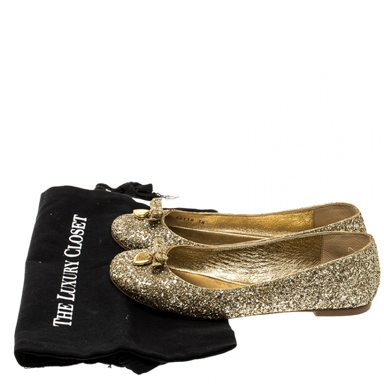 Pre Owned Dolce and Gabbana Gold Glitter Ballet Flats Size 38