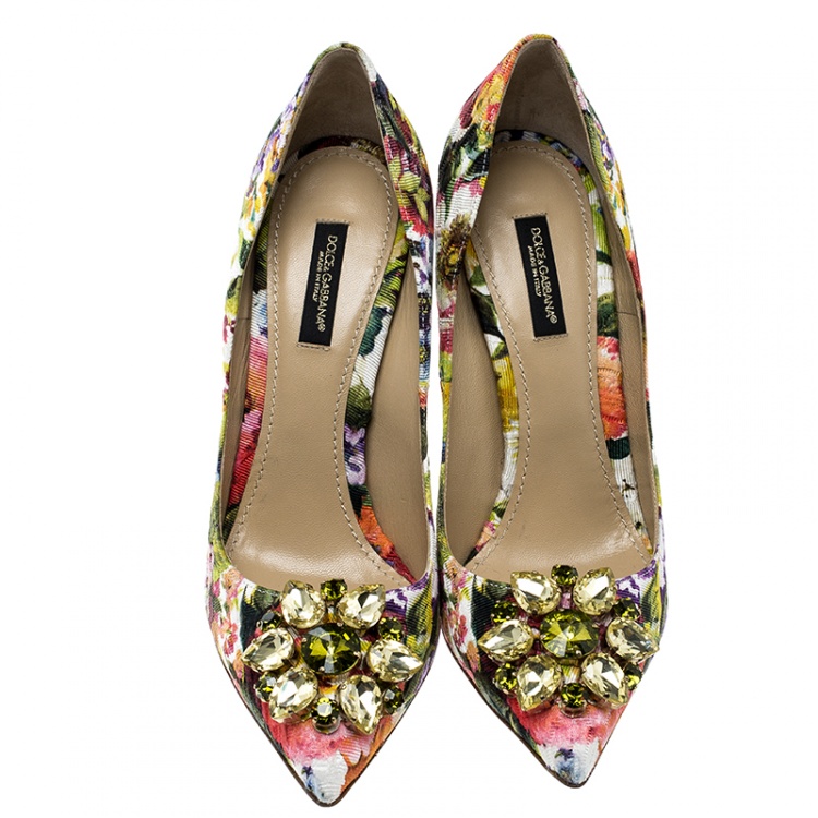 Pre Owned Dolce and Gabbana Multicolor Floral Print Fabric Crystal Embellished Pumps Size 37.5