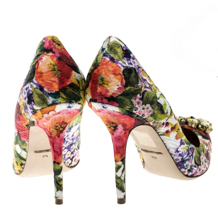 Pre Owned Dolce and Gabbana Multicolor Floral Print Fabric Crystal Embellished Pumps Size 37.5