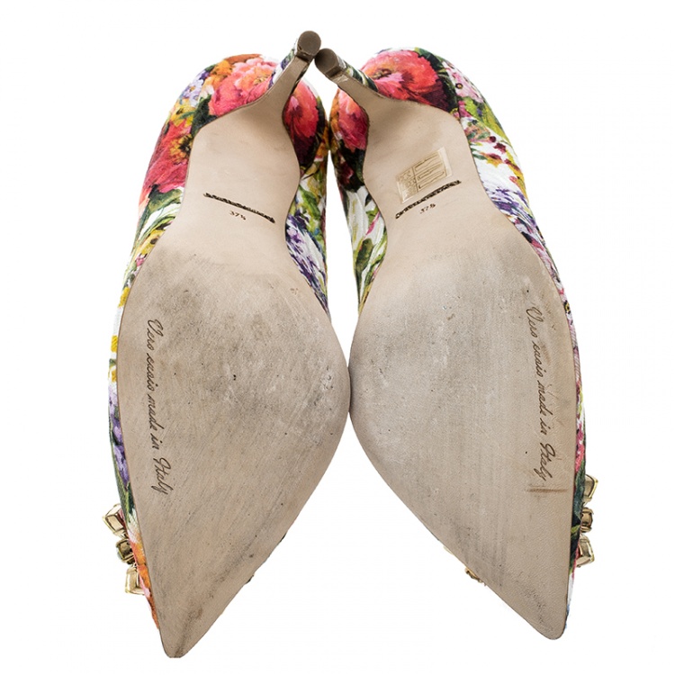 Pre Owned Dolce and Gabbana Multicolor Floral Print Fabric Crystal Embellished Pumps Size 37.5