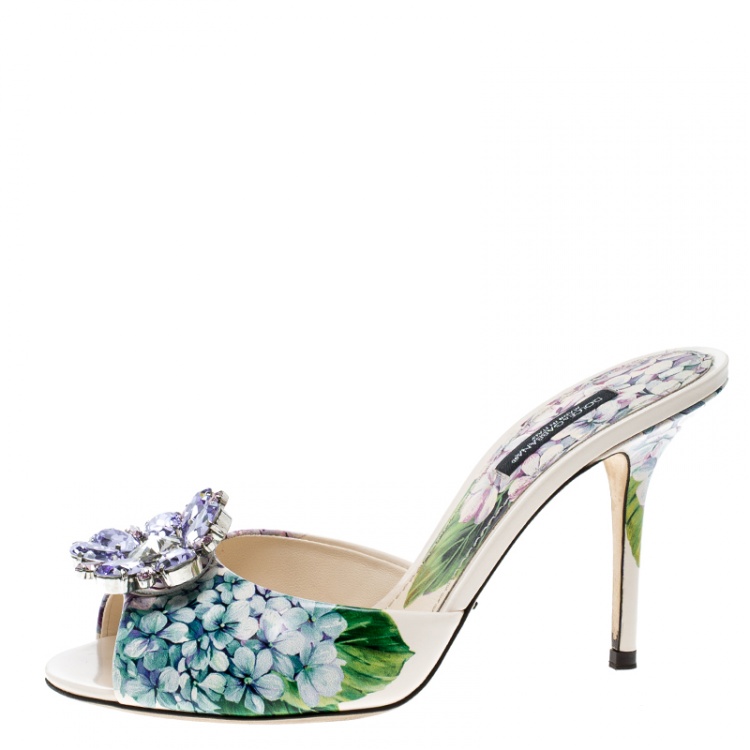 مملوكة مسبقًا Dolce and Gabbana Multicolor Floral Print Leather Crystal Embellished Mules Slide Size 37