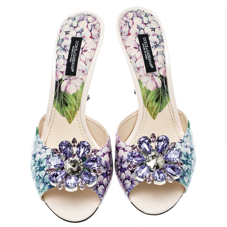 مملوكة مسبقًا Dolce and Gabbana Multicolor Floral Print Leather Crystal Embellished Mules Slide Size 37