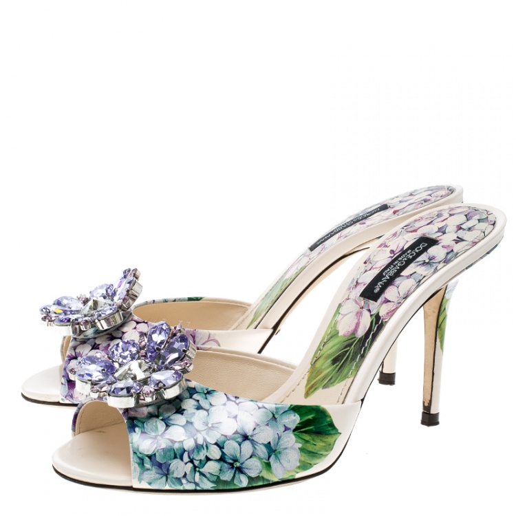 مملوكة مسبقًا Dolce and Gabbana Multicolor Floral Print Leather Crystal Embellished Mules Slide Size 37