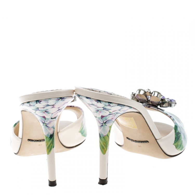 مملوكة مسبقًا Dolce and Gabbana Multicolor Floral Print Leather Crystal Embellished Mules Slide Size 37