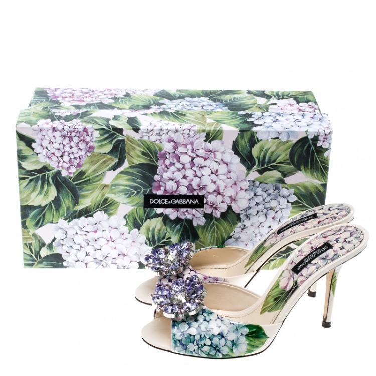 مملوكة مسبقًا Dolce and Gabbana Multicolor Floral Print Leather Crystal Embellished Mules Slide Size 37