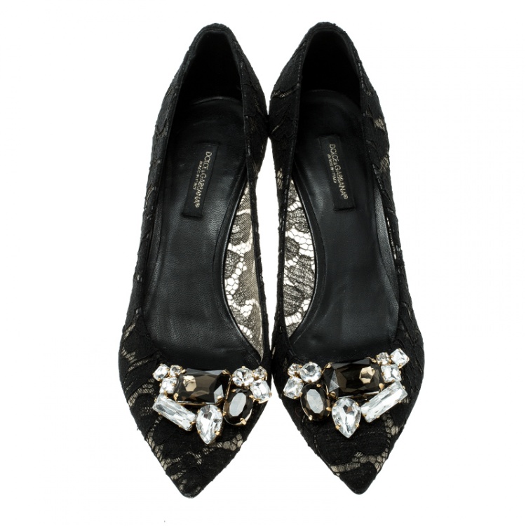 Pre Owned Dolce & Gabbana Black Lace Crystal Embellished Pointed Toe Pumps Size 36