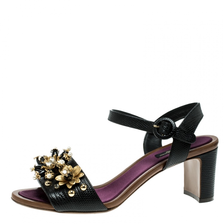 Pre Owned Dolce and Gabbana Black Lizard Leather Floral Embellished Ankle Strap Sandals Size 38