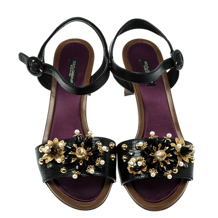 Pre Owned Dolce and Gabbana Black Lizard Leather Floral Embellished Ankle Strap Sandals Size 38