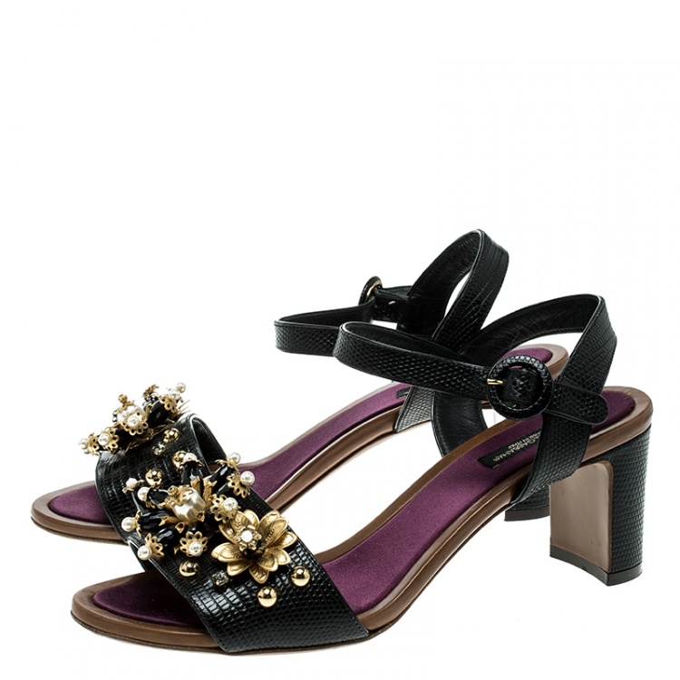 Pre Owned Dolce and Gabbana Black Lizard Leather Floral Embellished Ankle Strap Sandals Size 38