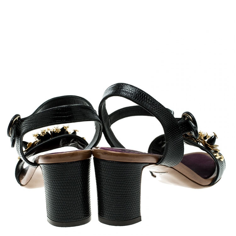 Pre Owned Dolce and Gabbana Black Lizard Leather Floral Embellished Ankle Strap Sandals Size 38
