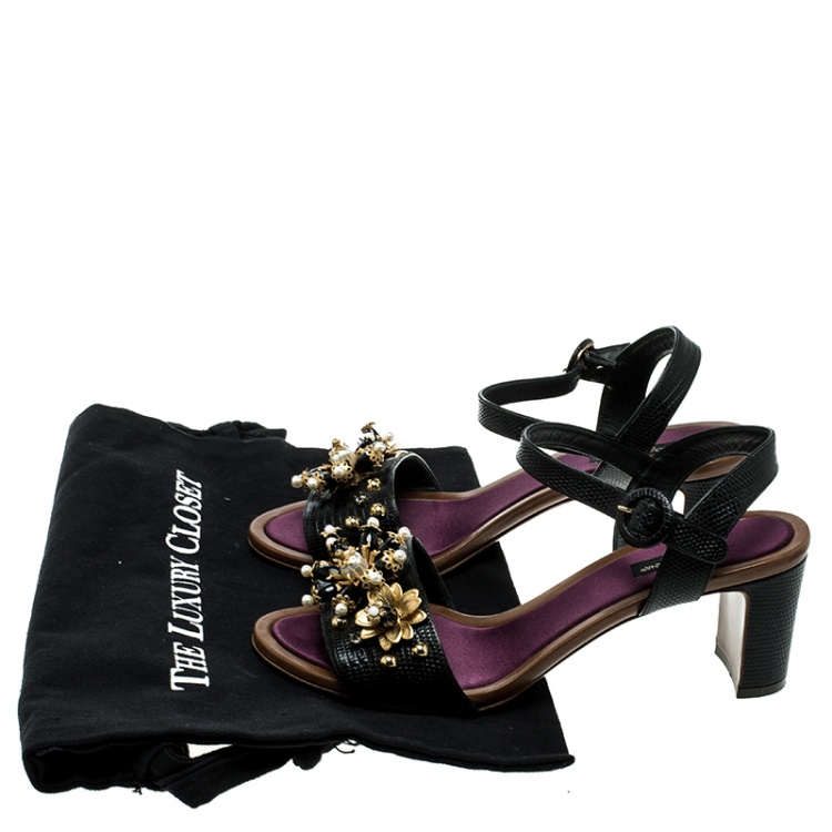 Pre Owned Dolce and Gabbana Black Lizard Leather Floral Embellished Ankle Strap Sandals Size 38