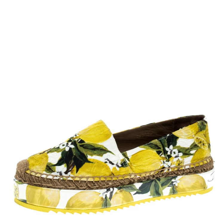 Pre Owned Dolce and Gabbana Yellow Lemon Print Brocade Fabric Platform Espadrille Flats Size 39