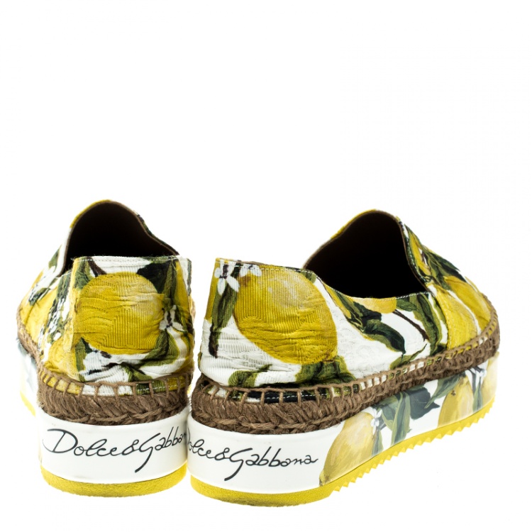 Pre Owned Dolce and Gabbana Yellow Lemon Print Brocade Fabric Platform Espadrille Flats Size 39