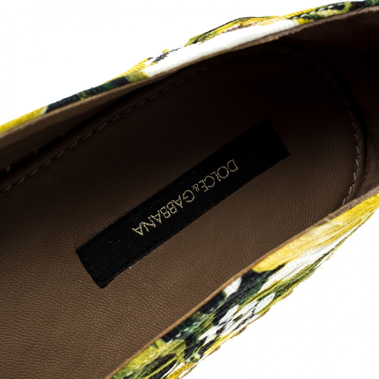 Pre Owned Dolce and Gabbana Yellow Lemon Print Brocade Fabric Platform Espadrille Flats Size 39