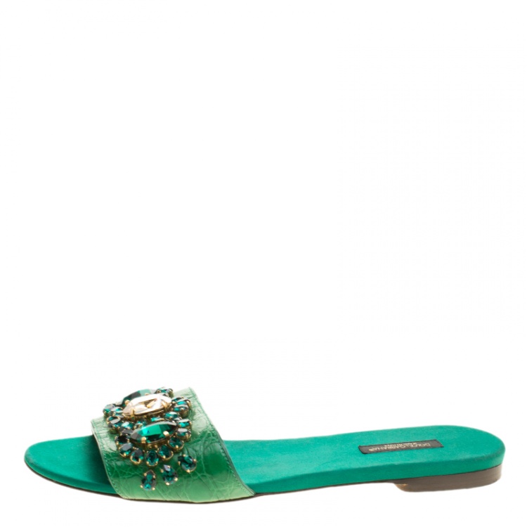 Pre Owned Dolce and Gabbana Green Croc Leather Crystal Embellished Flat Slides Size 38