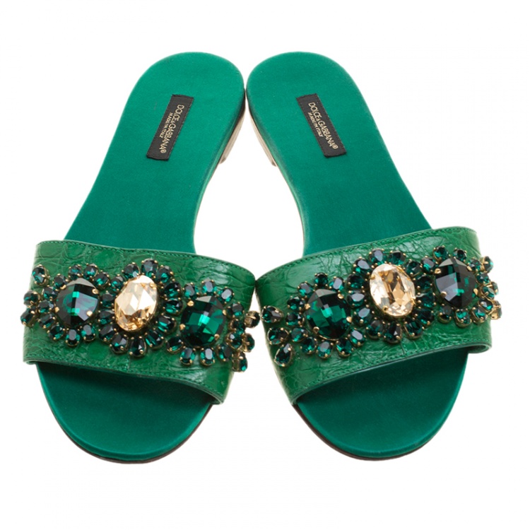 Pre Owned Dolce and Gabbana Green Croc Leather Crystal Embellished Flat Slides Size 38