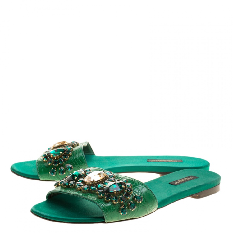 Pre Owned Dolce and Gabbana Green Croc Leather Crystal Embellished Flat Slides Size 38