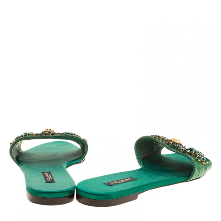 Pre Owned Dolce and Gabbana Green Croc Leather Crystal Embellished Flat Slides Size 38