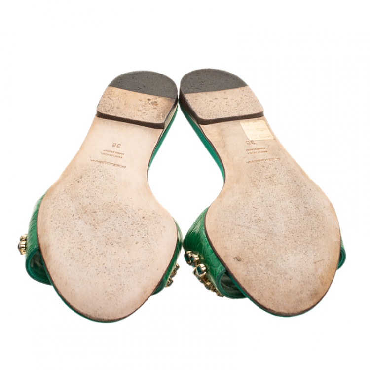 Pre Owned Dolce and Gabbana Green Croc Leather Crystal Embellished Flat Slides Size 38