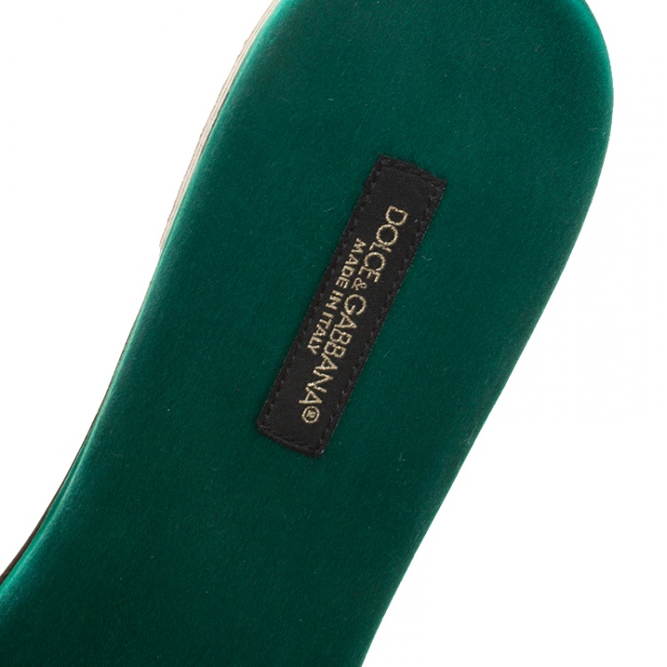 Pre Owned Dolce and Gabbana Green Croc Leather Crystal Embellished Flat Slides Size 38