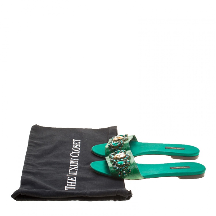 Pre Owned Dolce and Gabbana Green Croc Leather Crystal Embellished Flat Slides Size 38