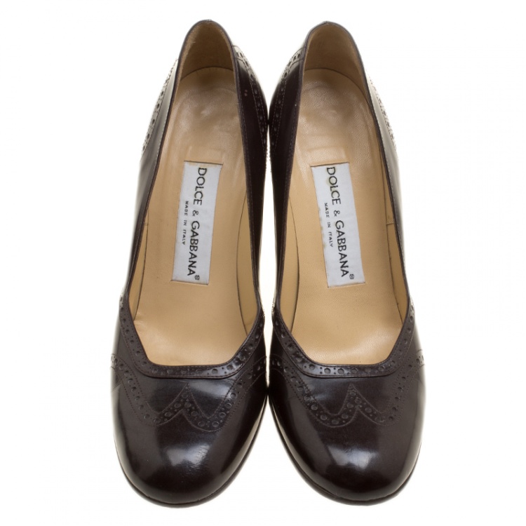 Pre Owned Dolce and Gabbana Brown Brogue Leather Block Heel Pumps Size 38
