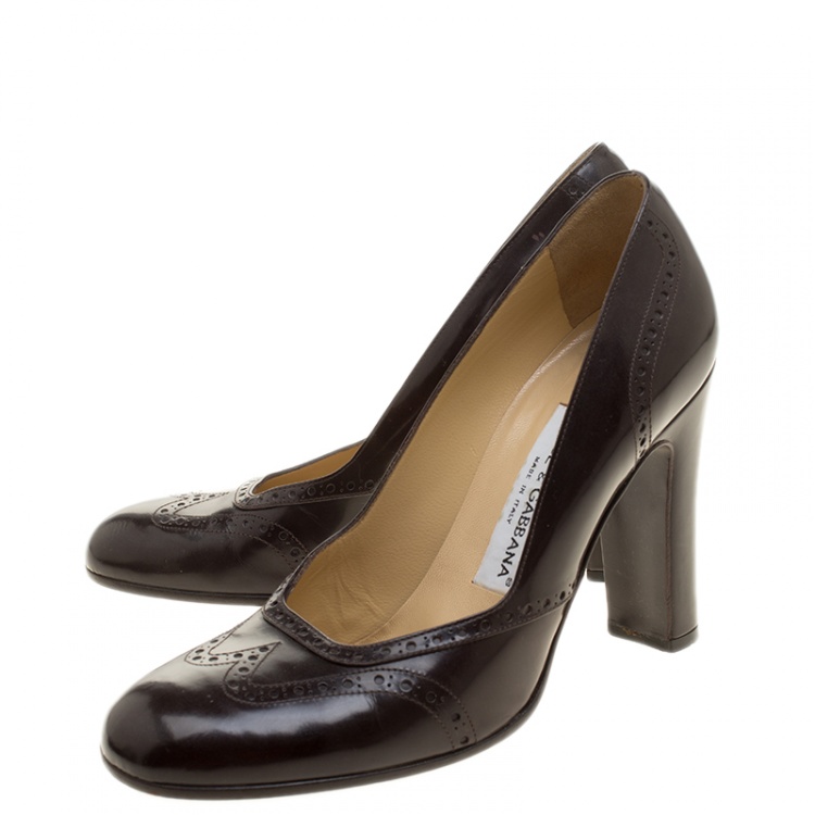 Pre Owned Dolce and Gabbana Brown Brogue Leather Block Heel Pumps Size 38
