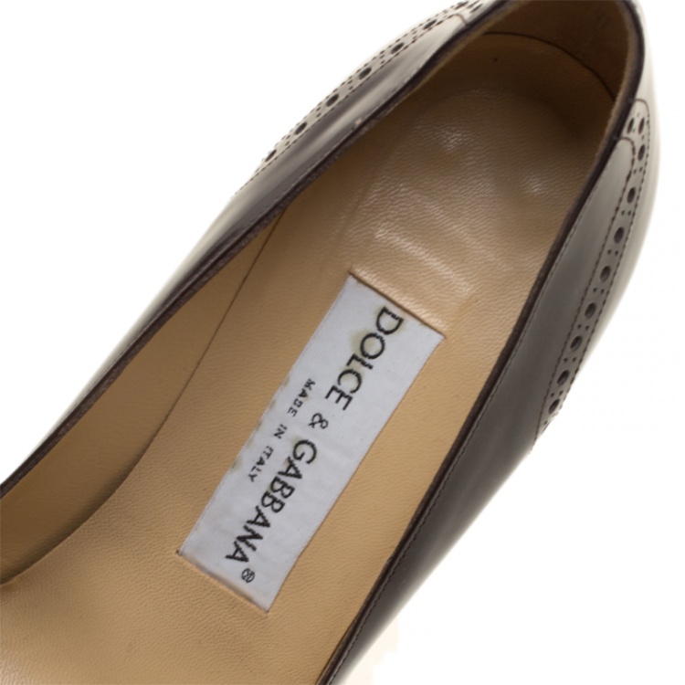 Pre Owned Dolce and Gabbana Brown Brogue Leather Block Heel Pumps Size 38