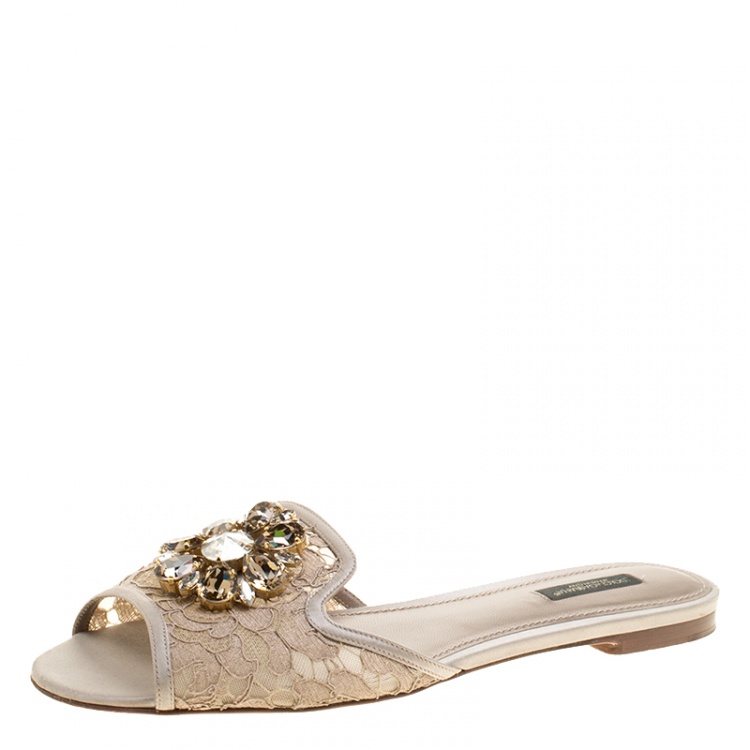 Pre Owned Dolce and Gabbana Beige Lace Sofia Crystal Embellished Slides Size 39.5
