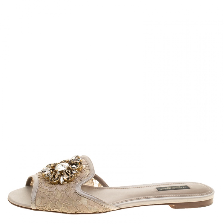 Pre Owned Dolce and Gabbana Beige Lace Sofia Crystal Embellished Slides Size 39.5