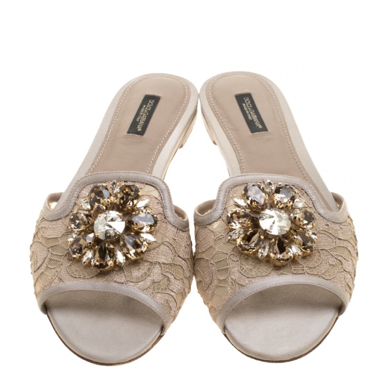 Pre Owned Dolce and Gabbana Beige Lace Sofia Crystal Embellished Slides Size 39.5