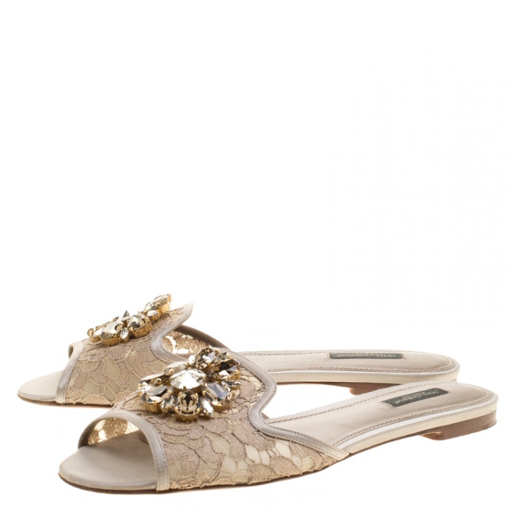 Pre Owned Dolce and Gabbana Beige Lace Sofia Crystal Embellished Slides Size 39.5
