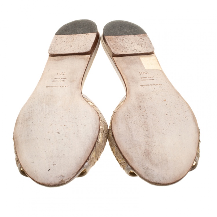 Pre Owned Dolce and Gabbana Beige Lace Sofia Crystal Embellished Slides Size 39.5