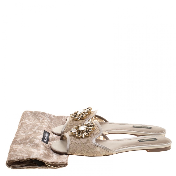 Pre Owned Dolce and Gabbana Beige Lace Sofia Crystal Embellished Slides Size 39.5